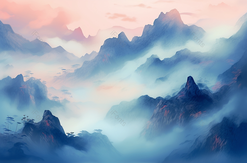 中国古风蓝色渐变青绿山水画,插画/手绘图,插画/手绘图库,插画/手绘图下载,插画/手绘